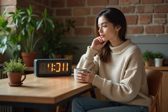 Jeune femme en sweater beige regarde l'horloge digitale