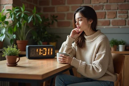 Jeune femme en sweater beige regarde l'horloge digitale