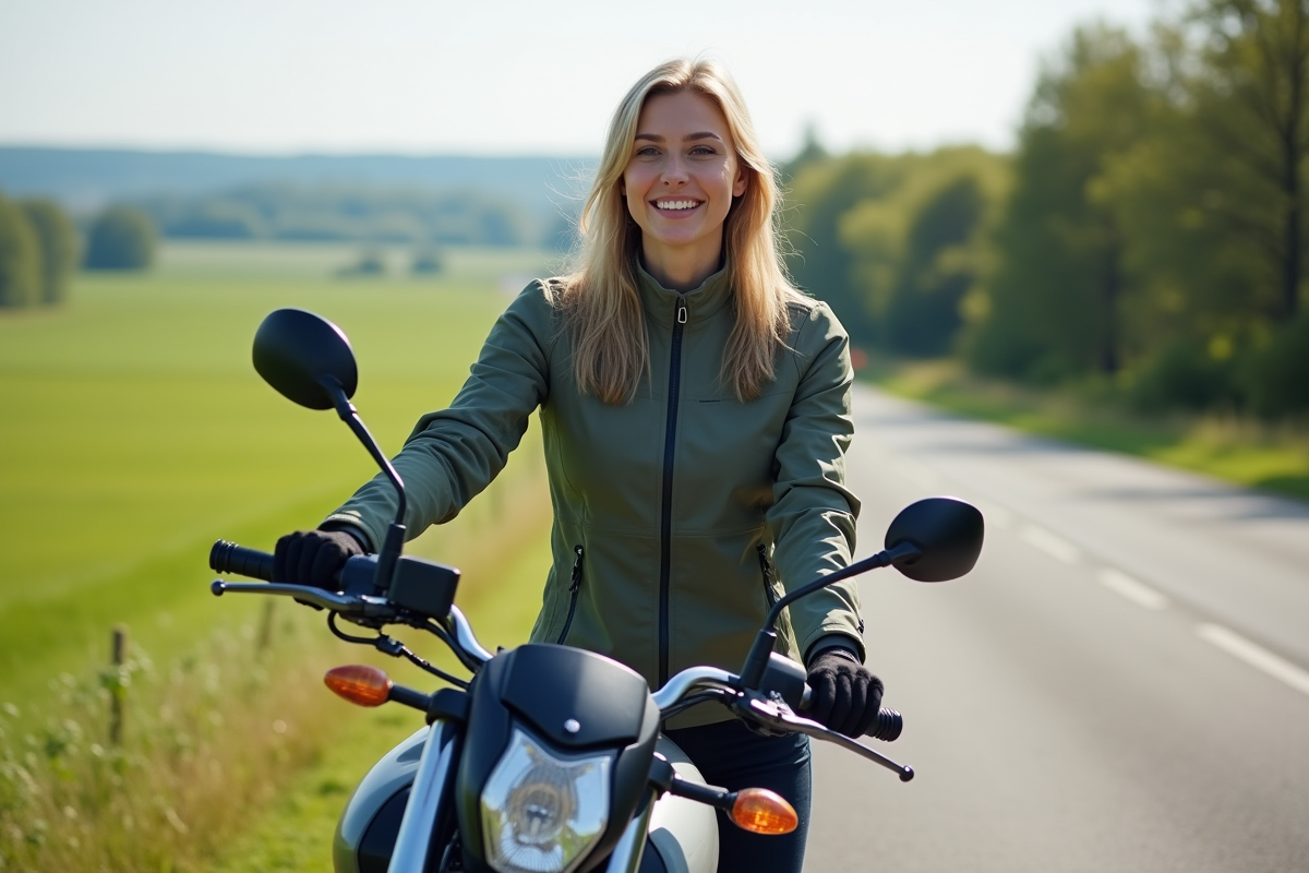 Femme souriante à côté d une moto en campagne
