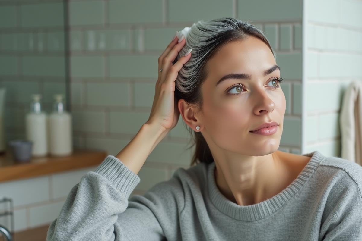 Femme appliquant un shampoing medicamenteux sur le cuir chevelu