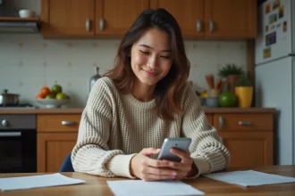 Jeune femme avec smartphone dans une cuisine chaleureuse