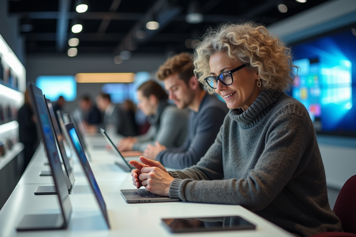 Femme examine une tablette dans un magasin d’électronique moderne