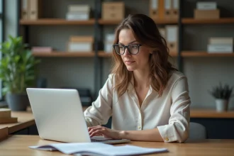 Femme analysant des données dans un bureau moderne