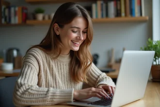 Jeune femme travaillant sur un ordinateur portable à la maison