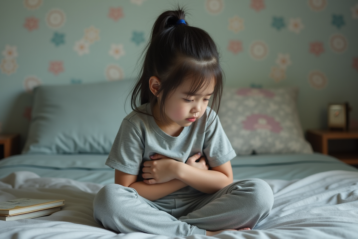 Fille de 10 ans assise sur son lit avec un air pensif