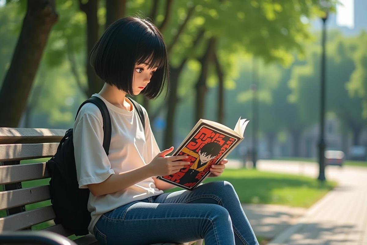 Fille lisant manga dans un parc urbain en matinée
