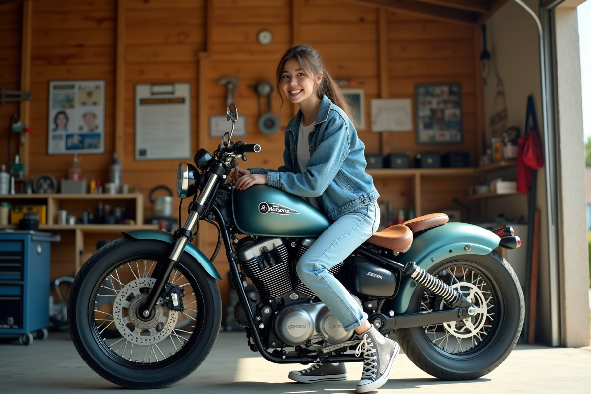 Fille souriante sur sa moto personnalisée dans un garage lumineux