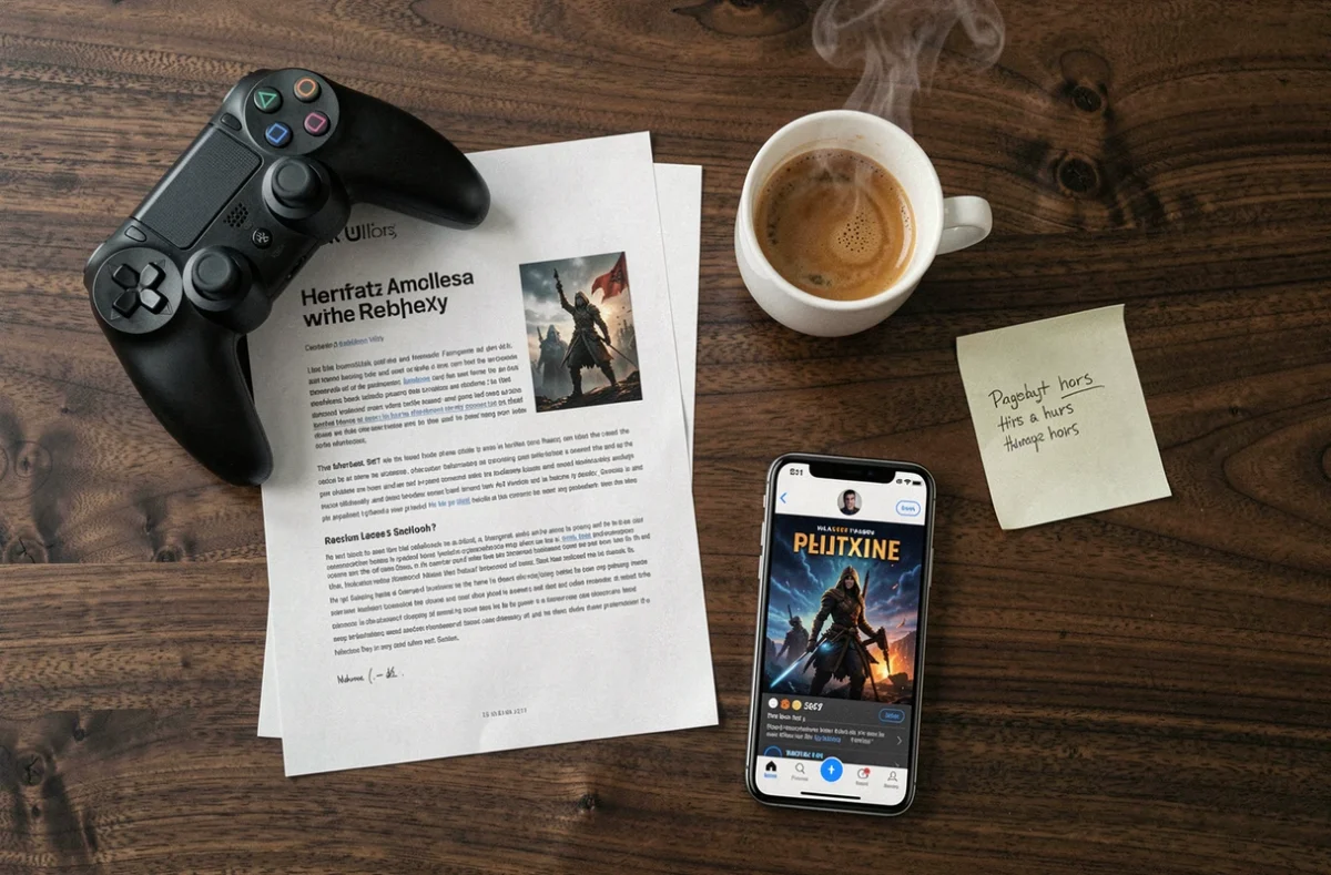 Flat lay d'un setup de test de jeu vidéo avec manette, notes de durée de vie et article de test pour Clair Obscur Expedition 33