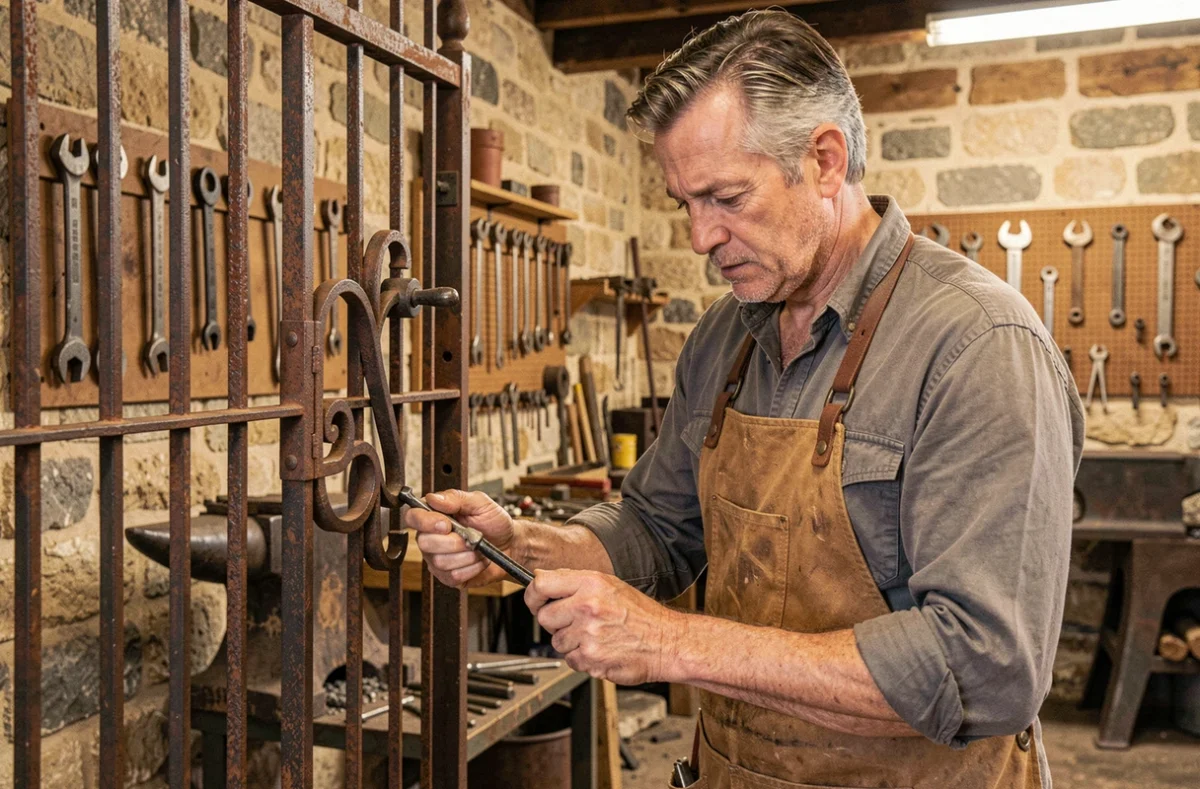 Artisan serrurier des Forges Remi Bouilloux SARL examinant une pièce en fer forgé dans un atelier traditionnel de l'Allier