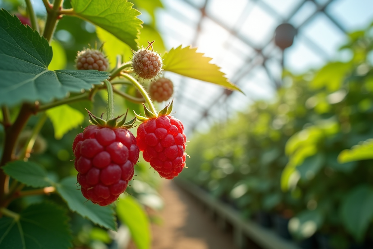 Framboises mûres dans une serre lumineuse avec lumière naturelle