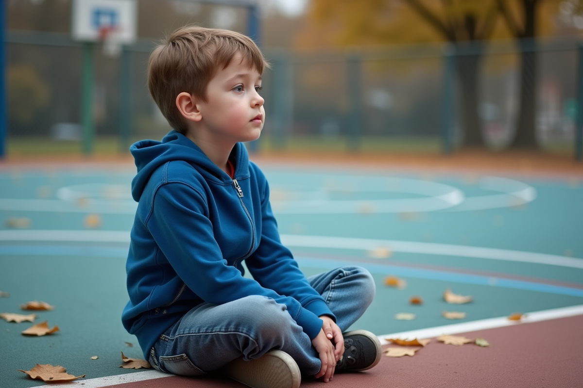 Garçon de 7 ans assis sur le sol de la cour d'école en automne