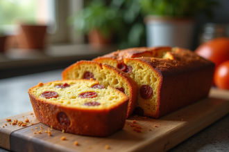Gâteau au chorizo tranché sur planche en bois rustique
