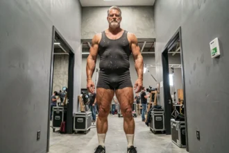 Lutteur géant debout dans un couloir de studio de cinéma, illustrant les effets de mise en scène pour truquer la taille au cinéma