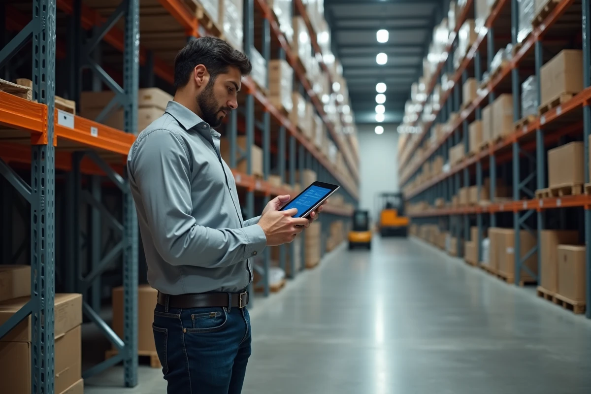 Responsable logistique consultant une plateforme numérique d'approvisionnement B2B dans un entrepôt industriel pour optimiser sa transition fournisseurs