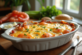 Gratin de fruits de mer et poisson en cuisson dorée