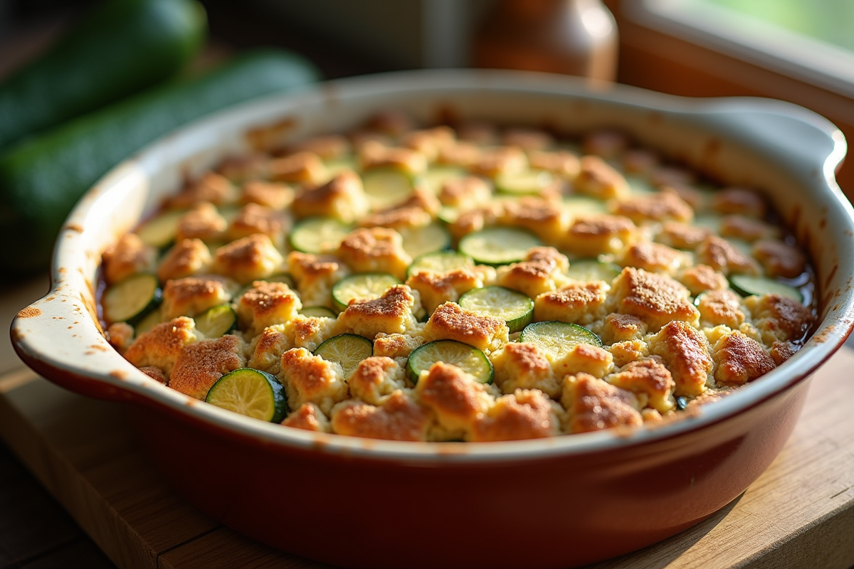 Gratin de zucchini croustillant dans un plat en céramique rustique