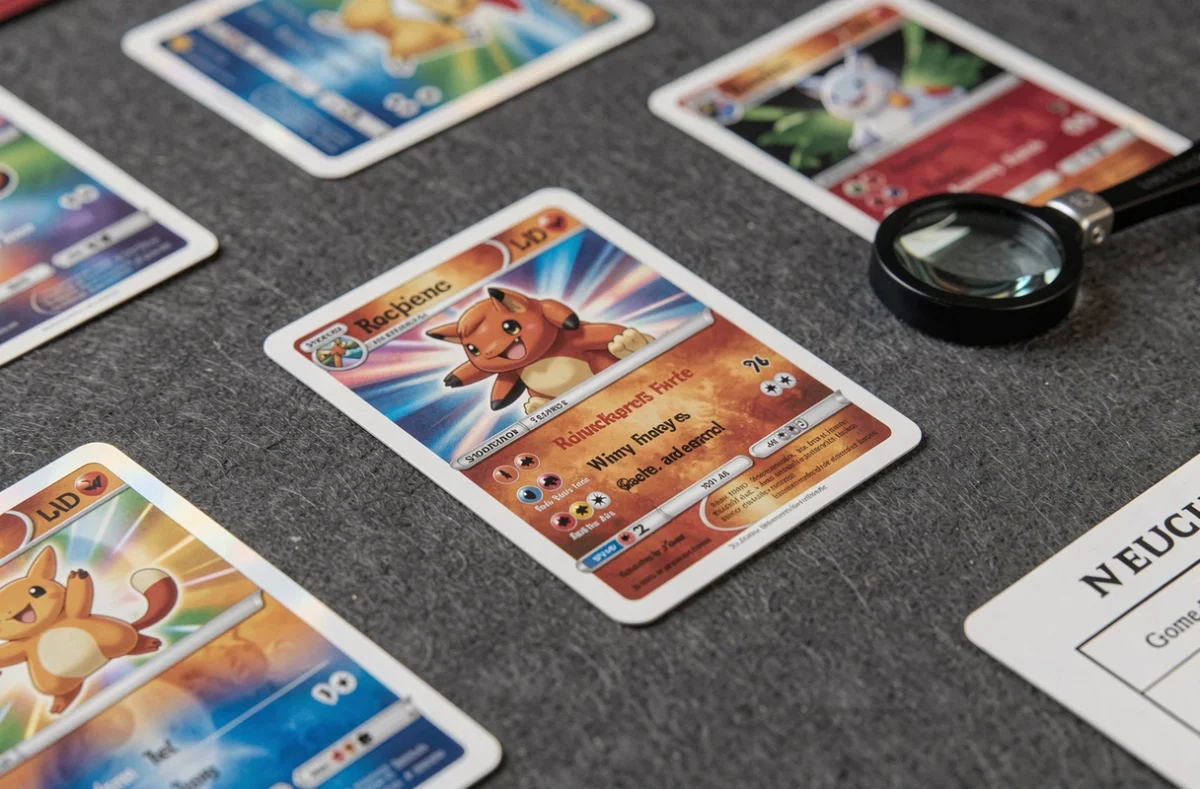 Gros plan sur plusieurs cartes Pokémon étalées sur un tapis feutre avec une loupe pour évaluer leur état et leur rareté