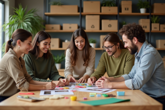 Groupe d adultes collaborant autour de prototypes recyclables