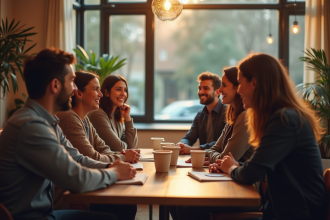 Groupe diversifié discutant dans un cafe chaleureux