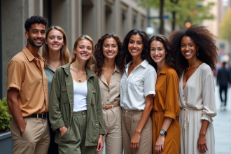 Groupe de jeunes adultes divers en vêtements inclusifs dans la rue