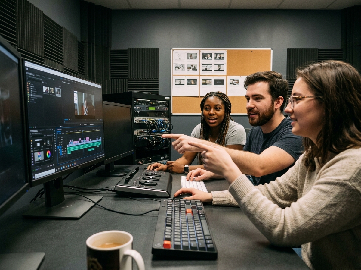 Groupe d'étudiants en cinéma travaillant ensemble sur un logiciel de montage vidéo dans une salle de post-production à Lyon