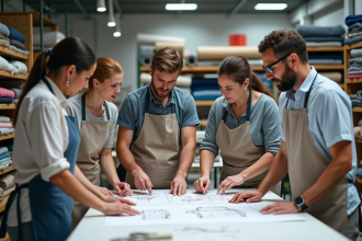 Groupe de travailleurs textiles collaborant dans une usine lumineuse