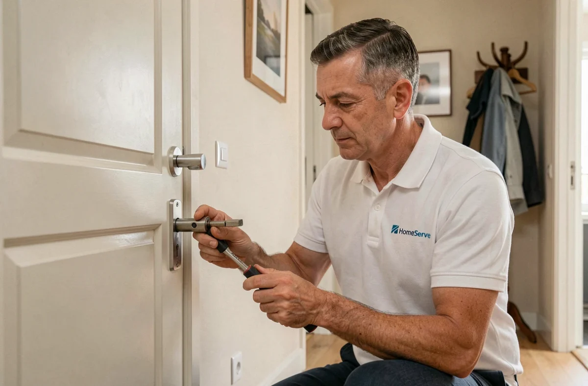 Technicien HomeServe remplaçant un cylindre de serrure dans le couloir d'un appartement dans le cadre d'un contrat d'assistance serrurerie