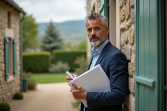 Homme d'affaires devant une maison de campagne française