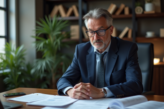 Homme d'affaires en costume navy dans un bureau professionnel