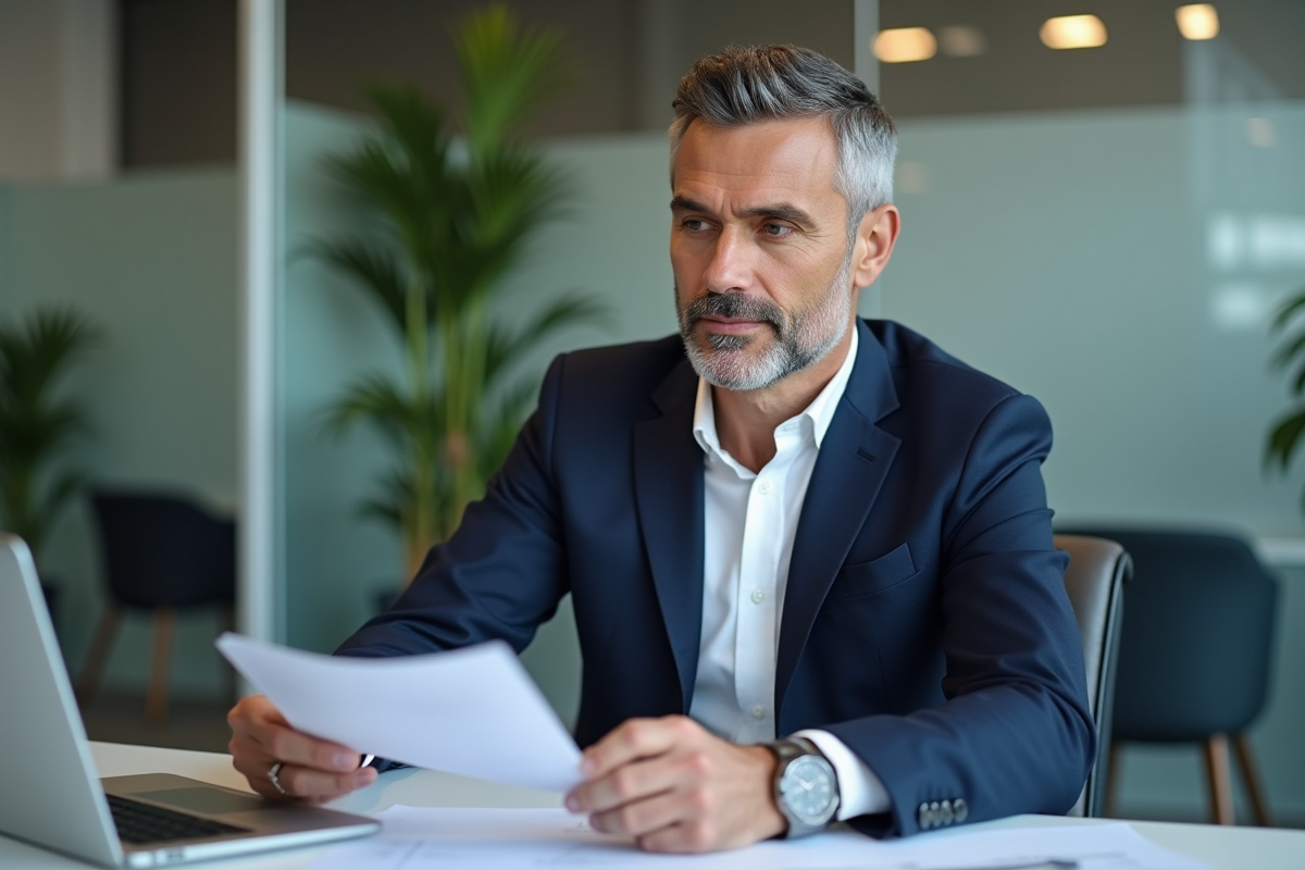 Homme d'affaires confiant en costume navy dans un bureau moderne