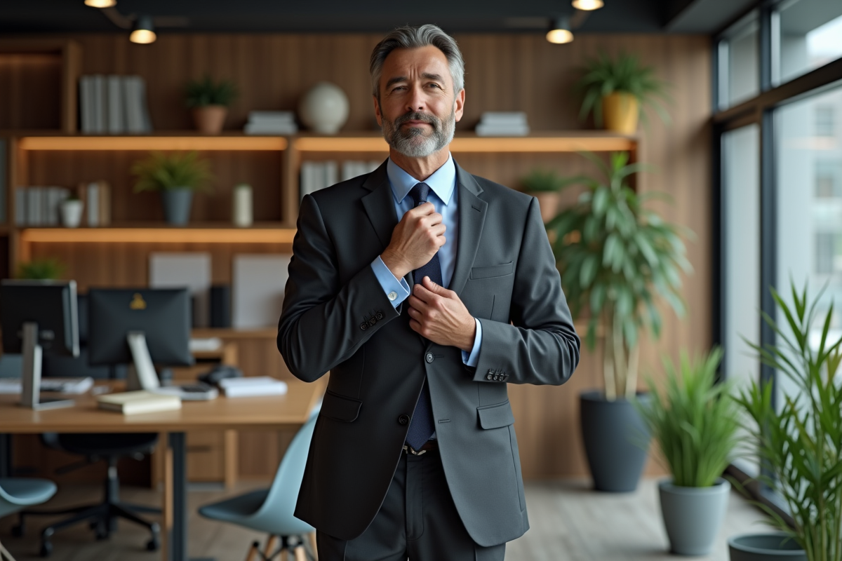 Homme d affaires ajustant sa cravate dans un bureau moderne
