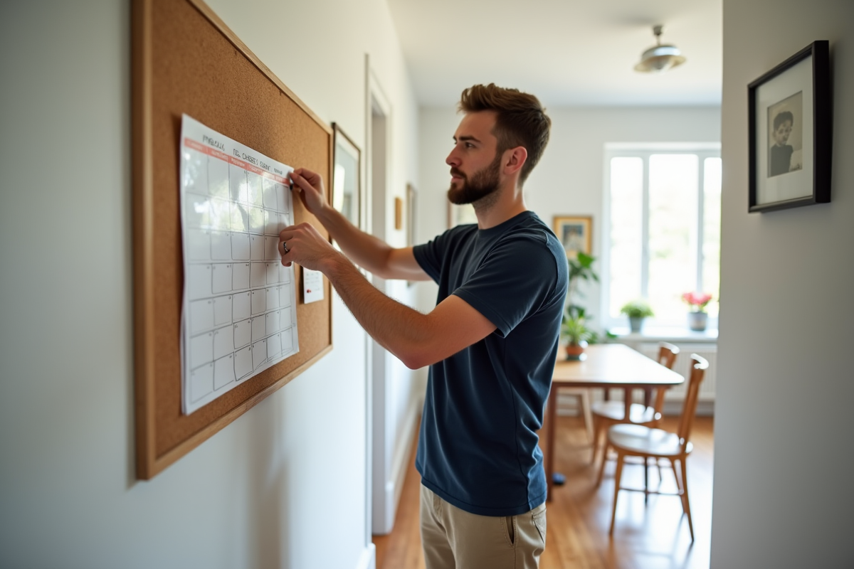 Jeune homme fixant un tableau de tâches dans le couloir