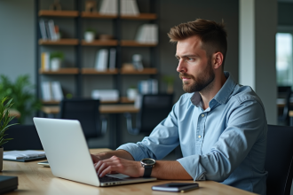 Homme en tenue casual analyse des données sur un ordinateur