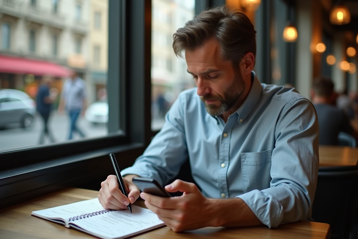 Homme prenant des notes dans un café urbain