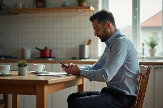 Homme d'âge moyen calculant ses dépenses à la maison