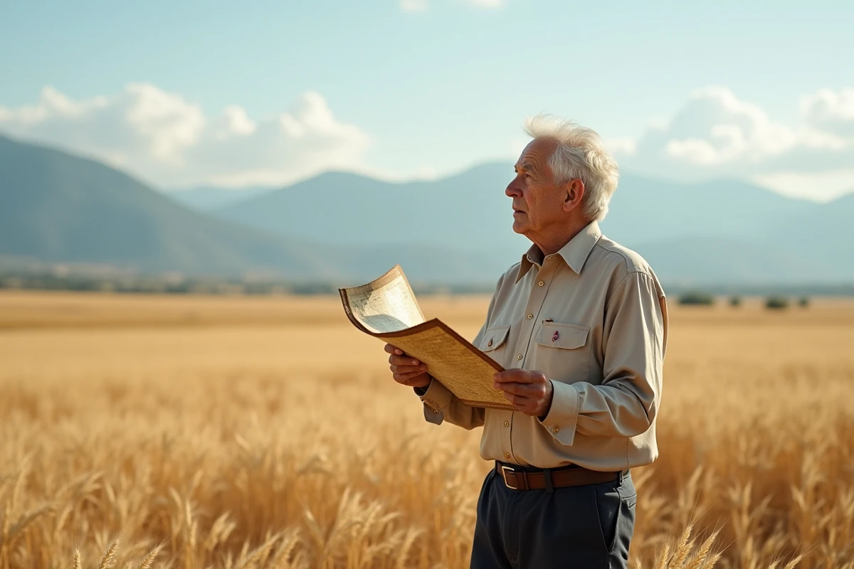 Homme âgé regardant un vieux plan dans un champ de blé
