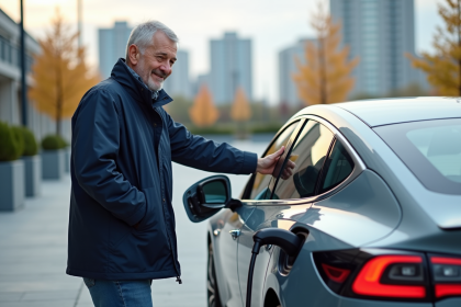 Homme souriant connectant sa voiture électrique à une borne de recharge