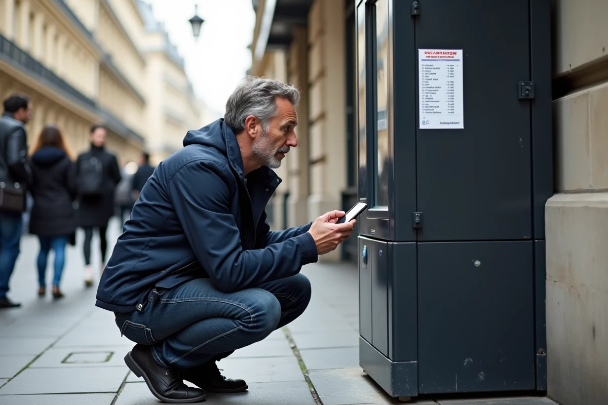 Homme comparant les tarifs d'une borne photomaton en extérieur à Paris avant de réserver
