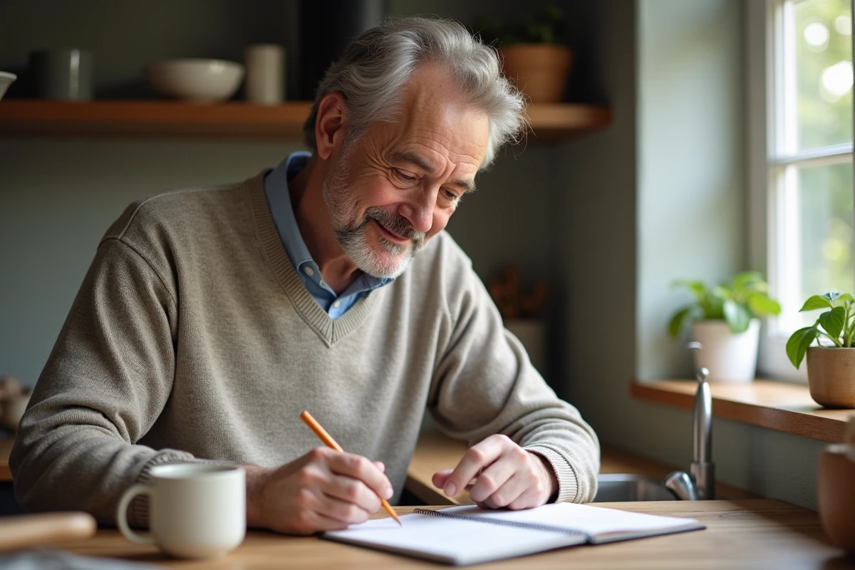 Homme dans une cuisine réfléchissant à ses notes
