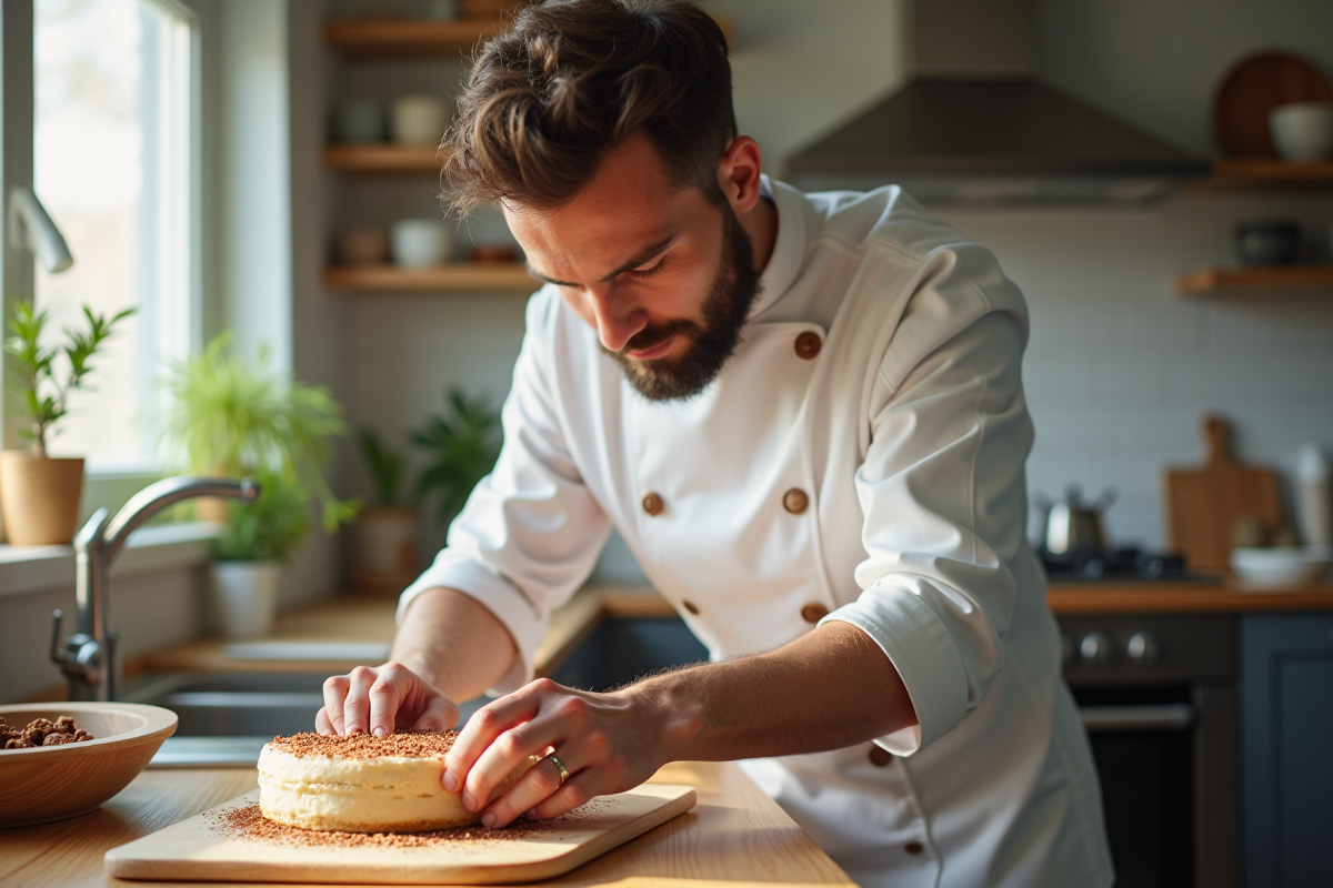 Homme décorant un gâteau dans une cuisine lumineuse