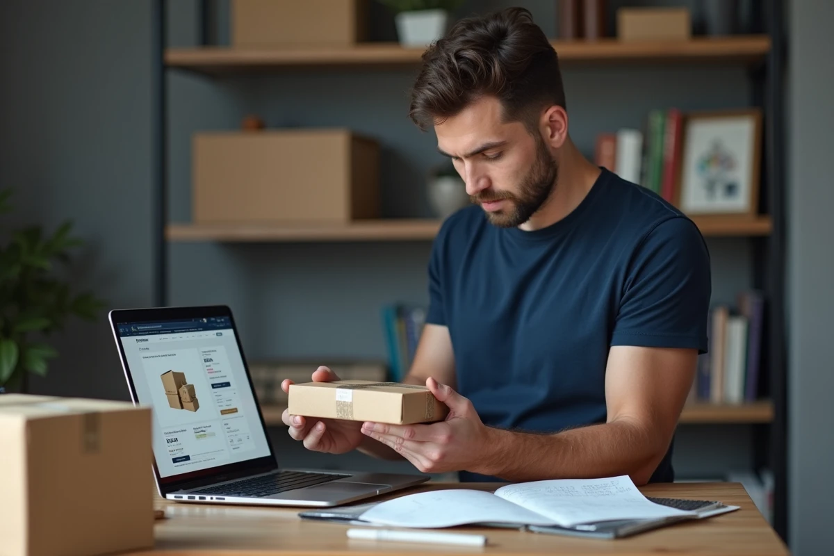 Homme vérifiant les dimensions d'un colis Vinted Go devant son ordinateur portable lors de la mise en vente