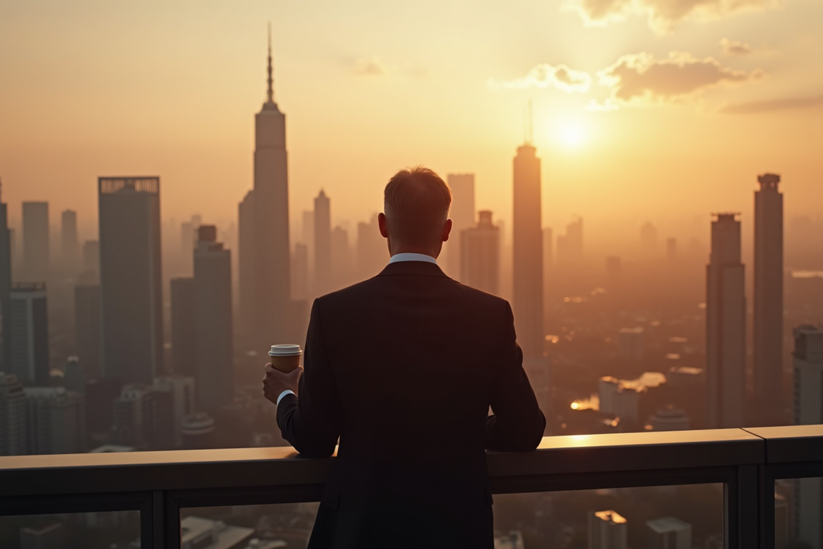 Homme élégant de 50 ans regardant la skyline au lever du soleil