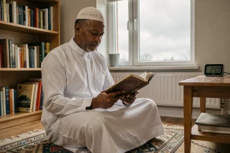 Homme consultant un horaire de prière islamique à Douai dans une pièce intérieure modeste avec tapis de prière