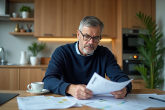 Homme d'âge moyen lisant documents fiscaux dans une cuisine