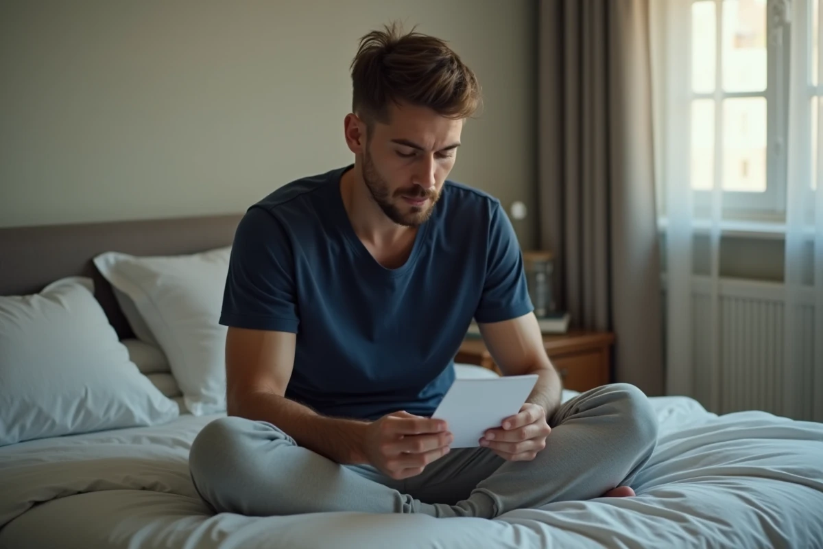 Homme ému lisant un petit mot d'amour de sa compagne assis sur le bord du lit dans un moment de fragilité