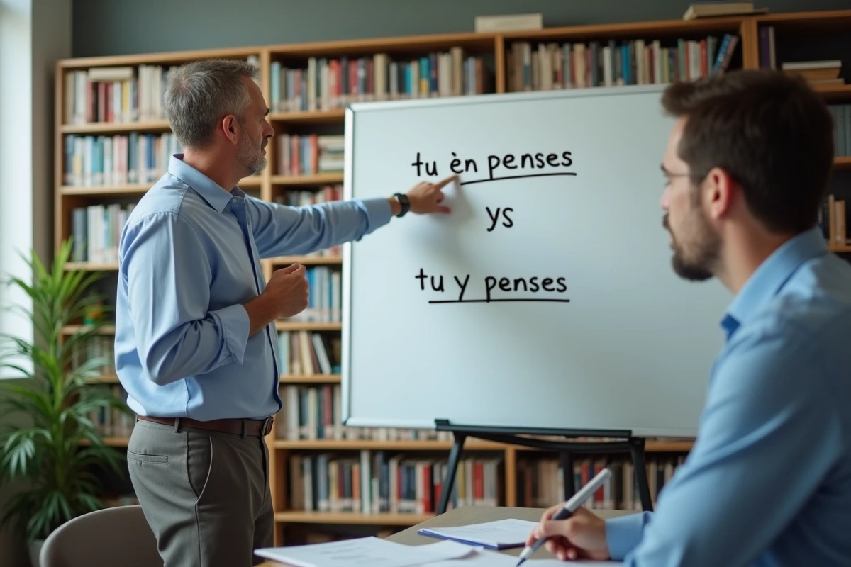 Homme enseignant expliquant des phrases sur un tableau blanc en bureau