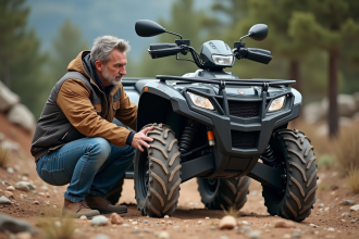 Homme d'âge moyen inspectant la suspension d'un quad