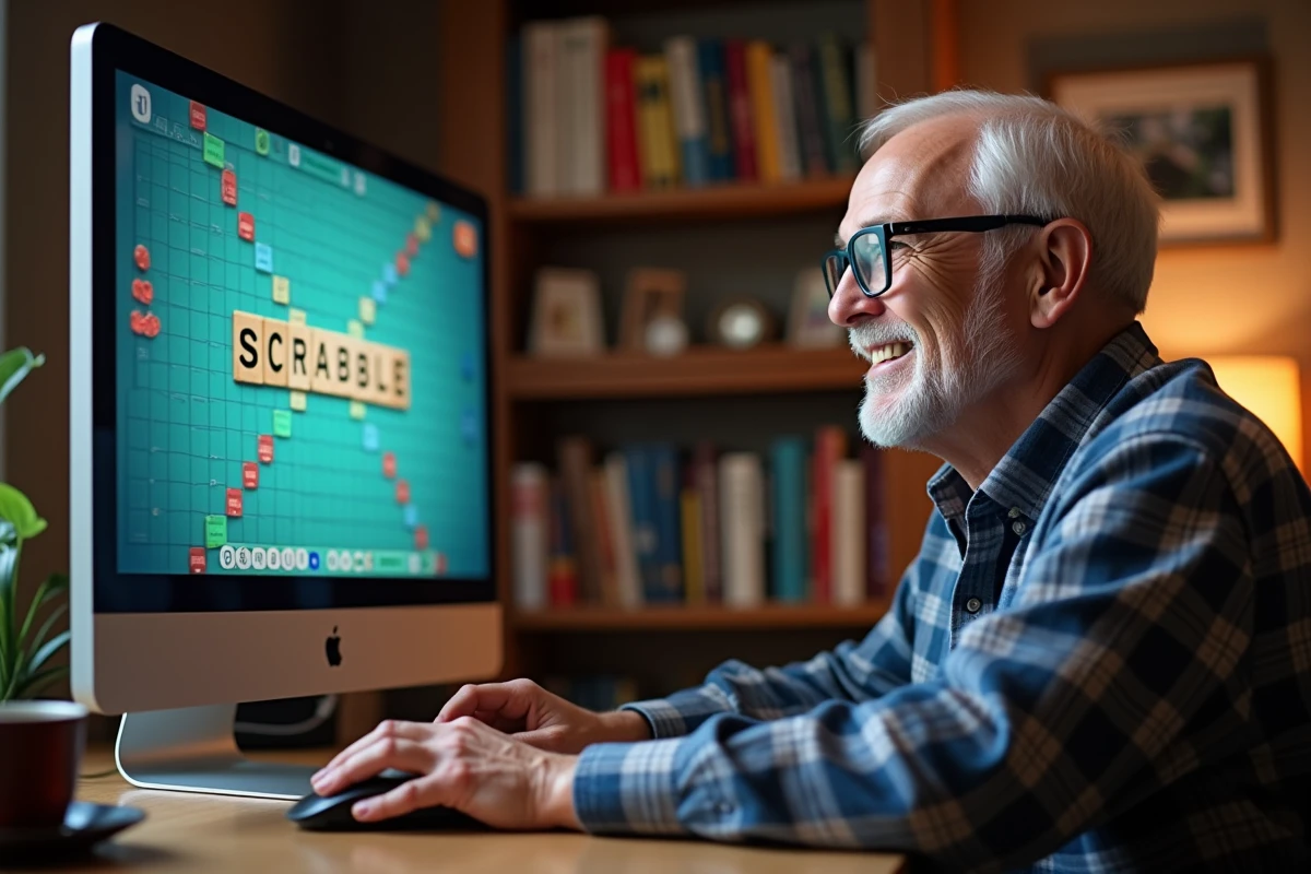 Homme âgé jouant en ligne à Scrabble sur son ordinateur