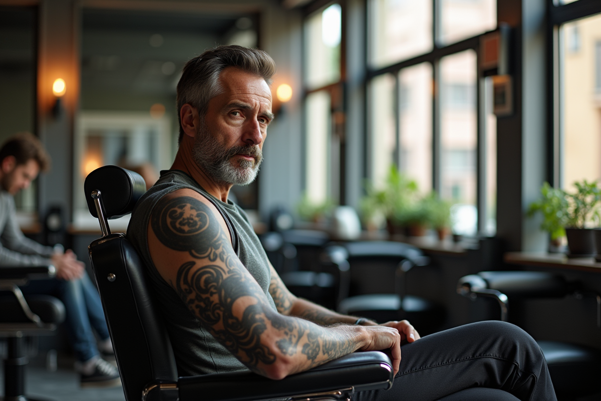 Homme assis dans un salon de coiffure avec tatouage