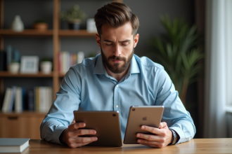 Jeune homme compare deux tablettes au bureau à domicile